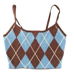 Kendall & Kylie Argyle Knit Crop Tank Top Womens XS Blue Brown Preppy Y2K Preppy